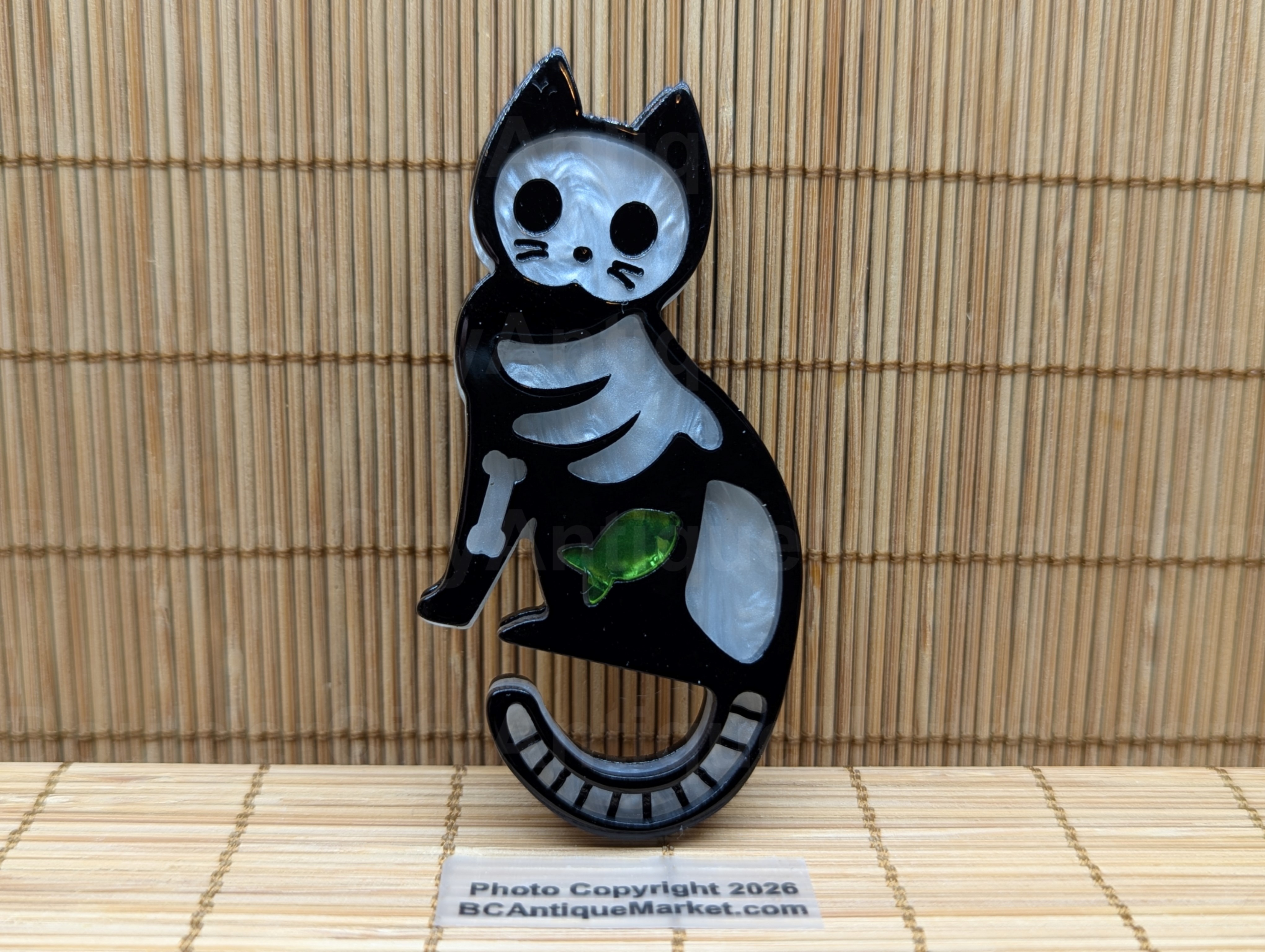Skeleton Cat with Green Fish Acrylic Brooch
