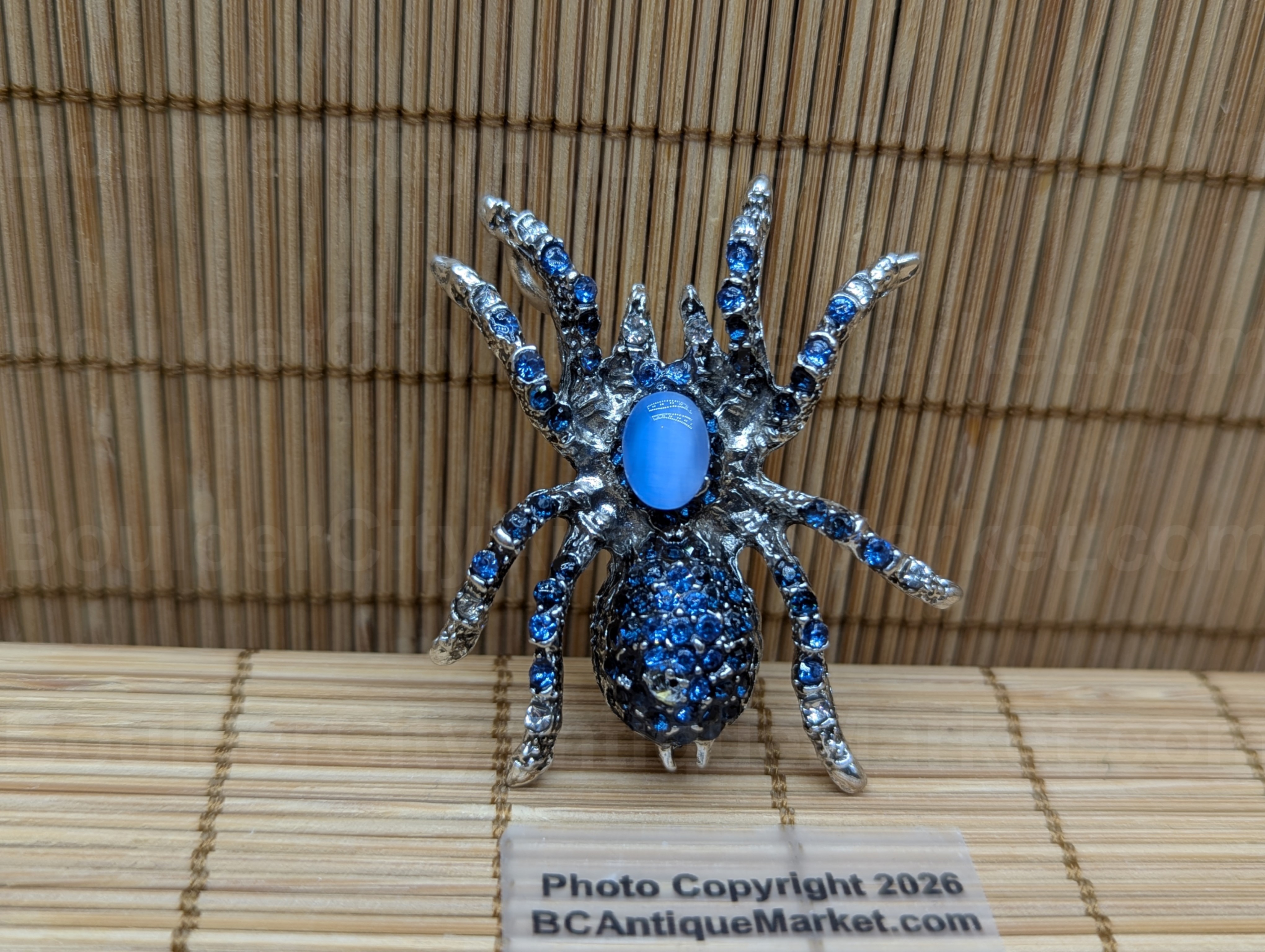 Blue Cat's Eye Rhinestone Spider Brooch