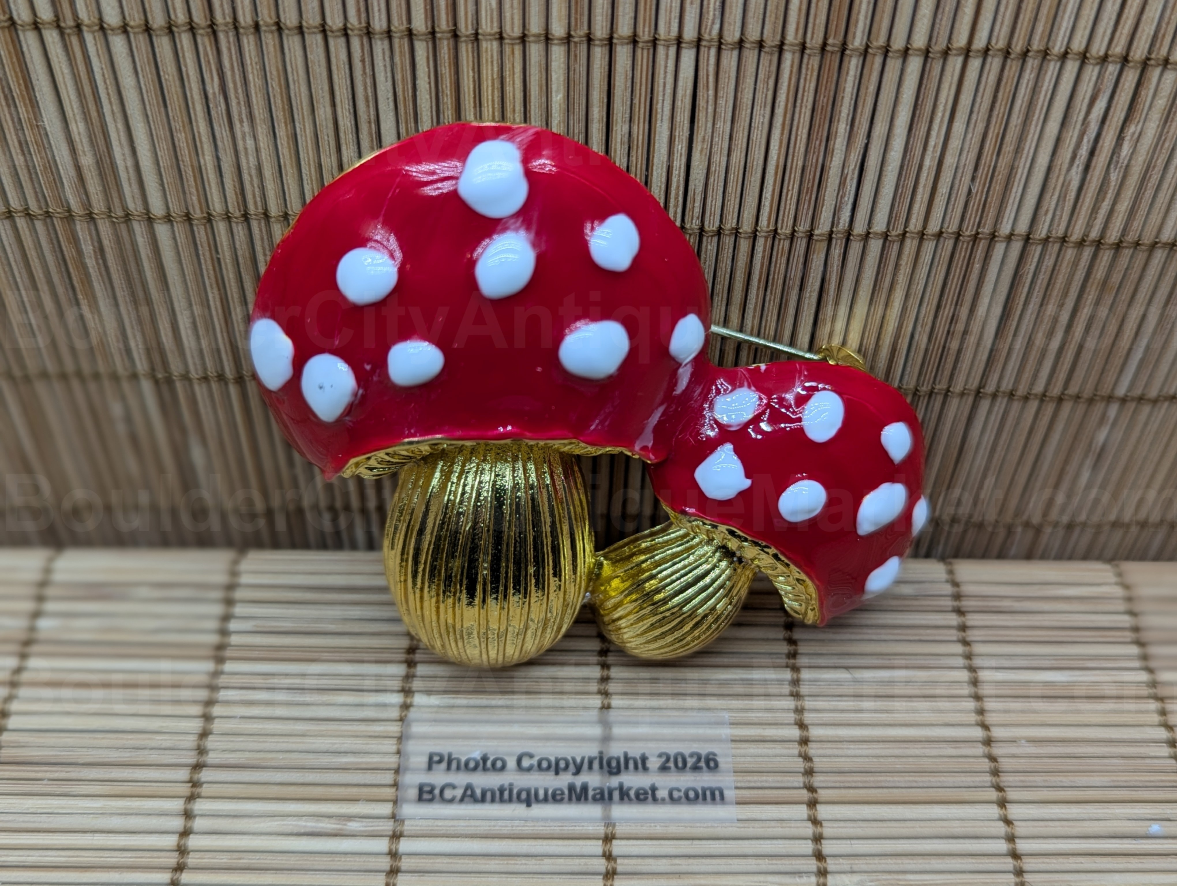 Red and Gold Mushroom Enamel Brooch and Pendant Combo